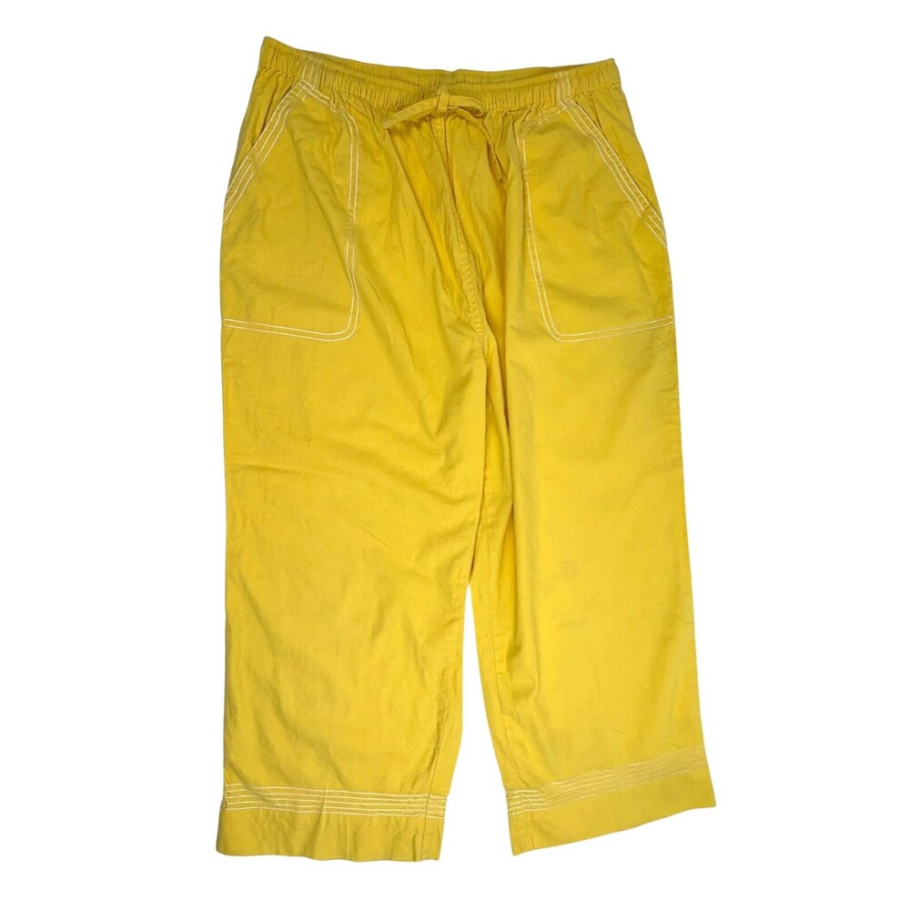 Pappagallo Linen Cotton Crop Pants Yellow Topstitch Wide Leg Cruise Resort XL